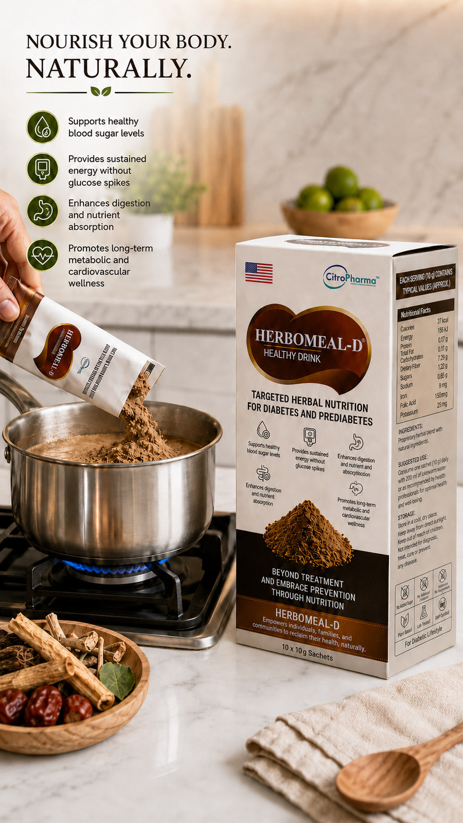 Emptying HERBOMEAL-D sachet into pan